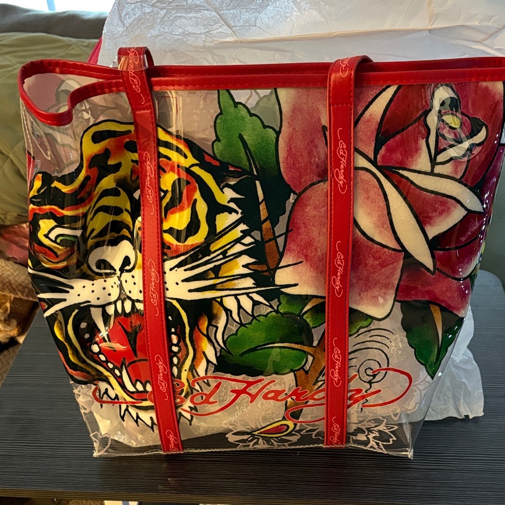 Ed Hardy Transparent Tote with Red and Green Floral Design